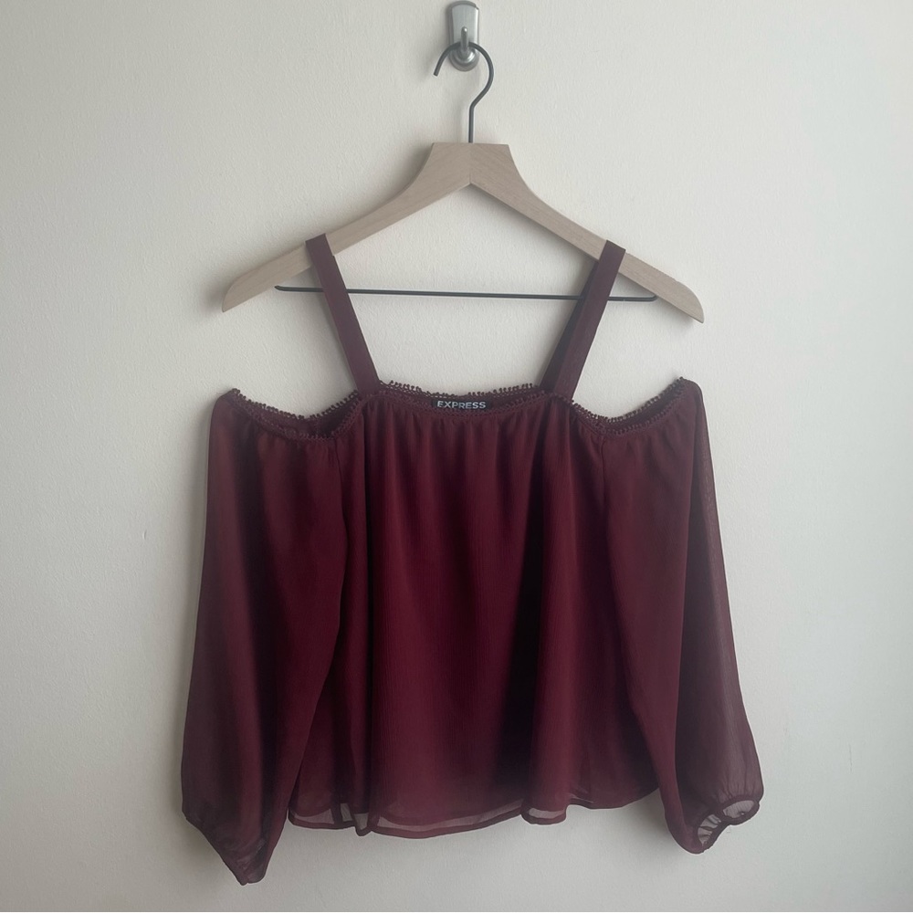 Express Maroon Cold Shoulder Cropped Long Sleeve Blouse